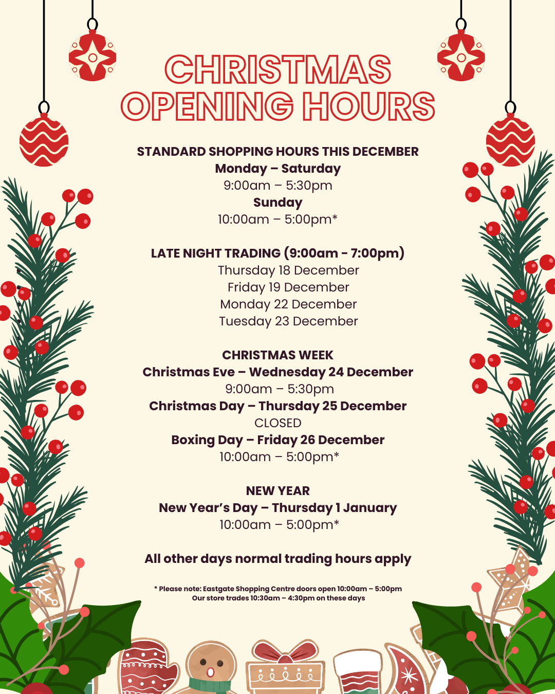 Christmas Opening Hours 2025